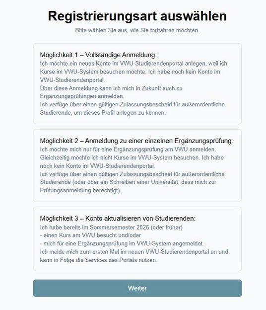 Drei Registrierungsarten zur Auswahl im Studierendenportal